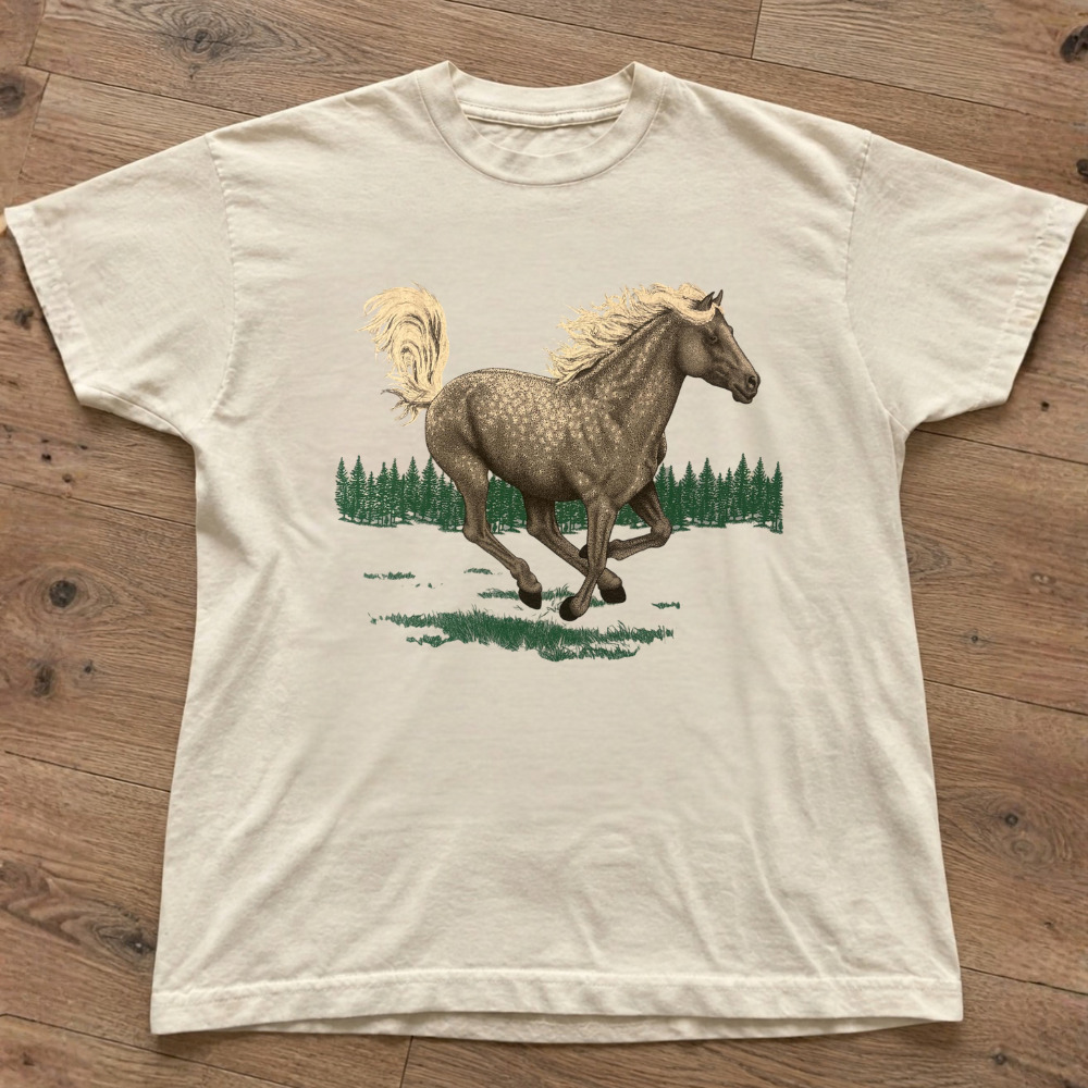 Running Horse Palomino Forest Pine Tree Cream T-Shirt